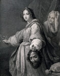 Judith with Holofernes' head; her maid behind her. Line engraving by Cristofano Allori (1577–1621). 